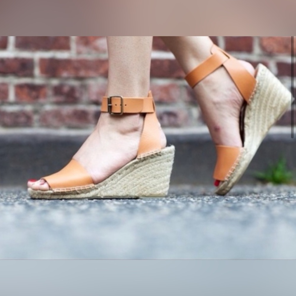 Picon Sundance Leather Espadrille Wedge Ankle Strap Sandal Buckle Braid Tan 7.5